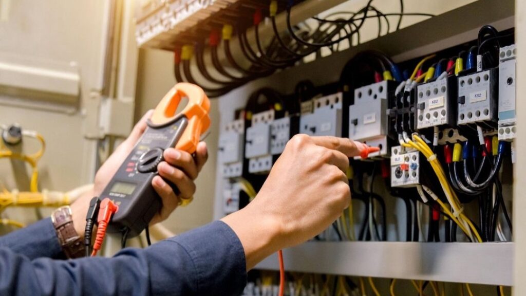 Electrician carrying out an EICR electrical test with a clamp meter